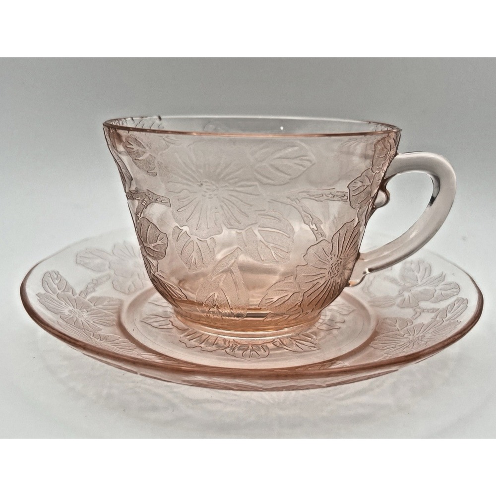 MacBeth Evans Pink Teacup Saucer Depression Glass Dogwood Apple Blossom Vintage